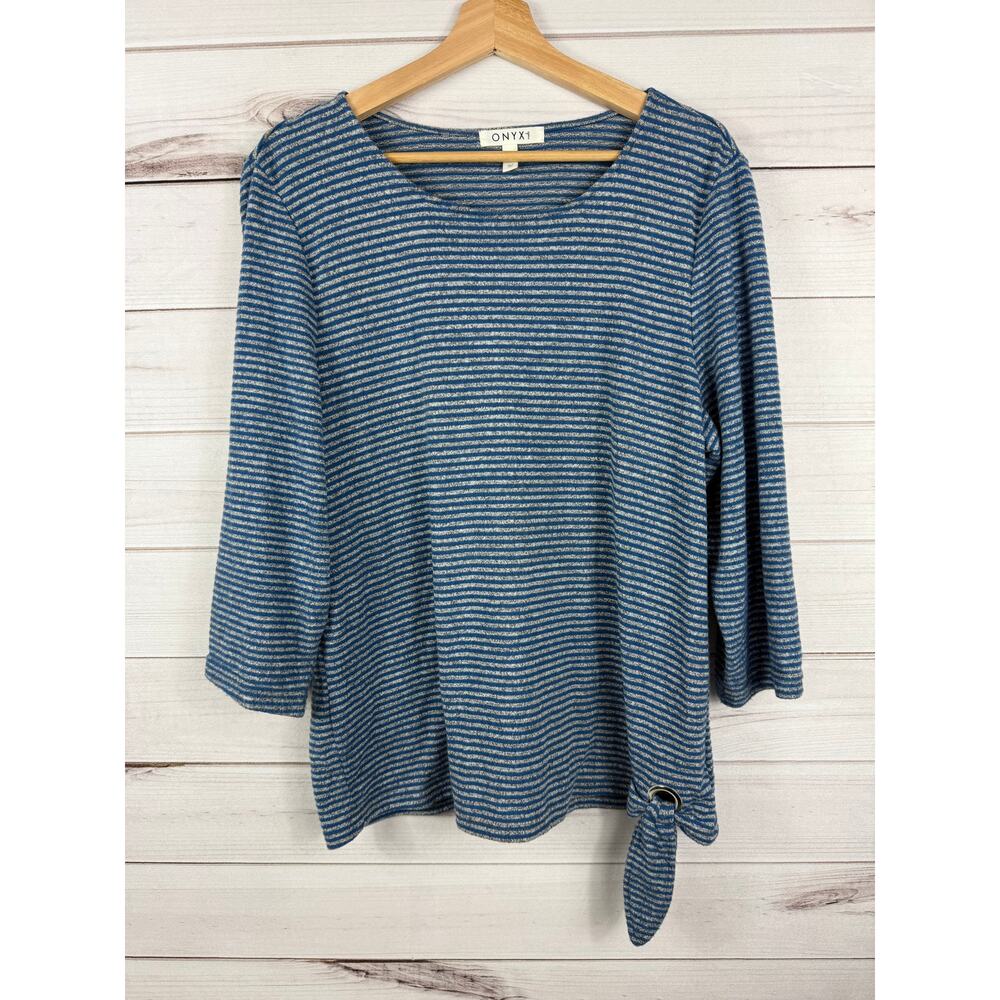 Women's ONYX Moda Blue Gray Striped Quarter Sleeve Tie Knot Blouse Size XL‎
